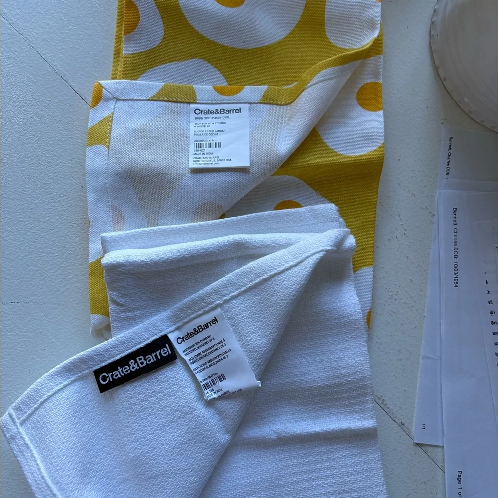 Crate&Barrel Yellow and White Egg-Pattern Kitchen Towel Set